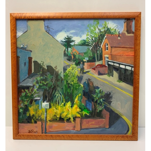 526 - Oil on board painting of Osward Road St Albans by B.Pope, 44x44cm