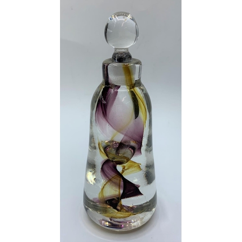 528 - Andrew Sanders signed heavy scent bottle with swirling coloured designed, 15cm tall and 641g weight