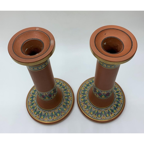 529 - Pair of Terracotta Candlesticks, 18cm tall and 1kg weight with Byzantine design decoration (2).