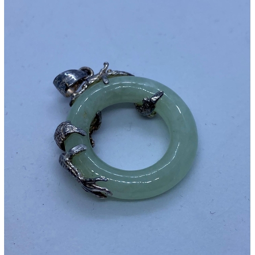 511 - Jade and Silver Pendant with Dragon Detail in Silver to Top. Marked Silver 925  Dainty Size at 2.5cm... 