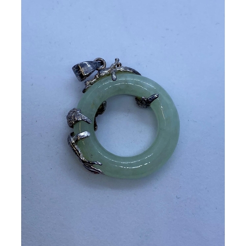 511 - Jade and Silver Pendant with Dragon Detail in Silver to Top. Marked Silver 925  Dainty Size at 2.5cm... 