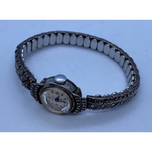 512 - Vintage Silver Ladies Cocktail Marcasite Wristwatch. Manual Winding with a Expandable Marcasite Brac... 