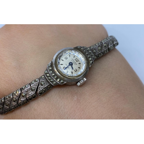 512 - Vintage Silver Ladies Cocktail Marcasite Wristwatch. Manual Winding with a Expandable Marcasite Brac... 