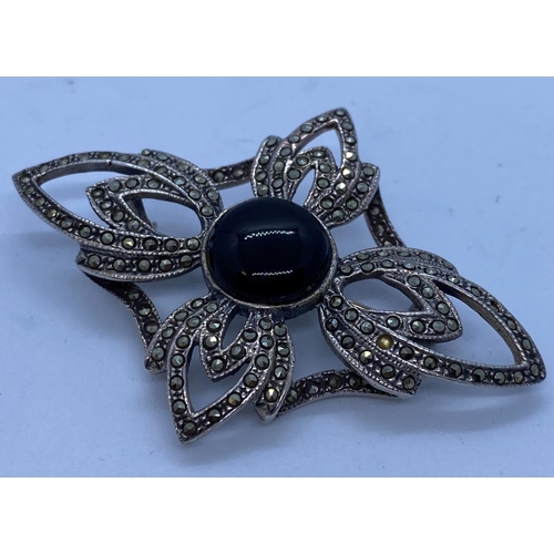 513 - Vintage Silver Marcasite Brooch with Black Onyx Stone to Centre. Art Deco Style. 925 Silver. 6.5 x 4... 