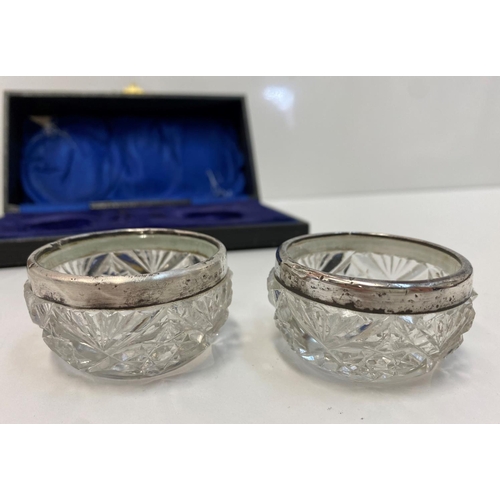 519 - Antique Pair of Cut Glass and Silver Salts. Hallmark for London 1920. In Original Satin & Velvet Lin... 