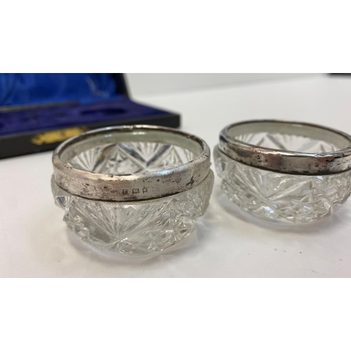 519 - Antique Pair of Cut Glass and Silver Salts. Hallmark for London 1920. In Original Satin & Velvet Lin... 