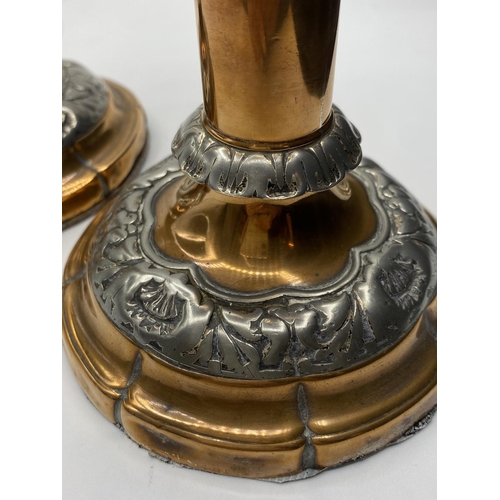 535 - Pair of Victorian copper and silver candlesticks classic design, 20cm tall and 1.45kg weight (2)