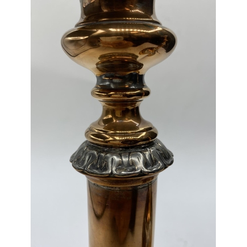 535 - Pair of Victorian copper and silver candlesticks classic design, 20cm tall and 1.45kg weight (2)