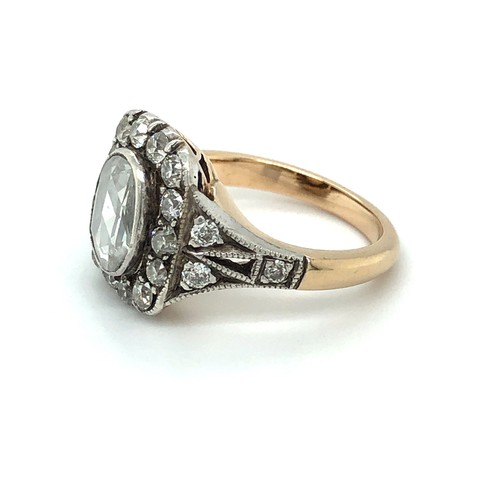 547 - Antique Diamond Ring with Rose cut centre stone and round brilliant cut surround of  diamonds, over ... 