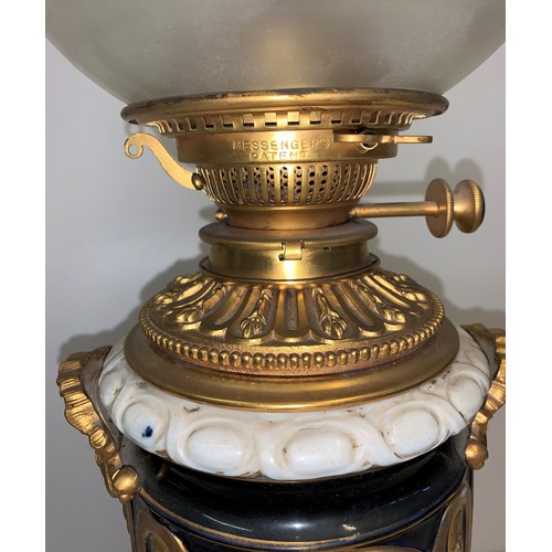 619 - Vintage Brass and Ceramic Oil Lamp 'Messenger's No. 2 
 converted to electricity  62x18cm approx.