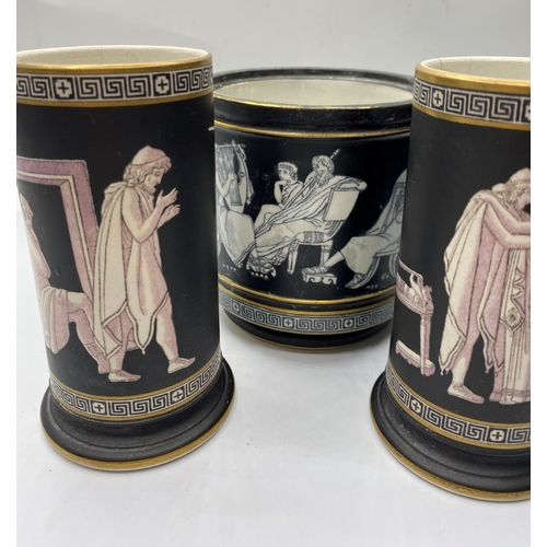 579 - 2 Grecian decoration spilt vases with a similarly decorated pot (3)