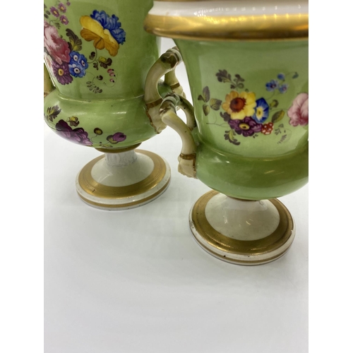 581 - 3 piece Set to include 2 Vases and a large Central Urn with Handles with Floral work to front of eac... 