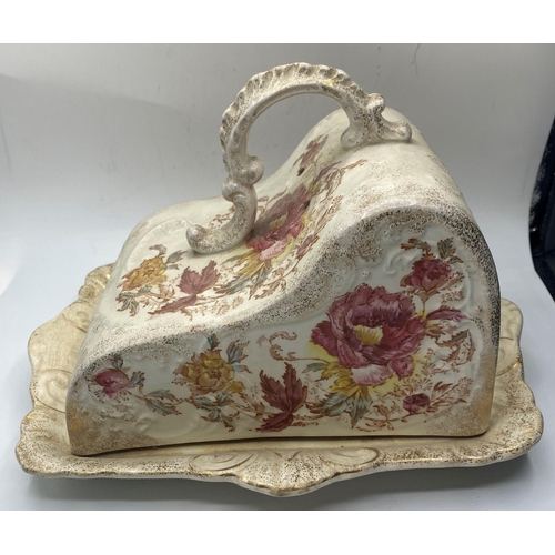 590 - cheese dish with floral decoration and gilded base, possibly H&R Daniel.