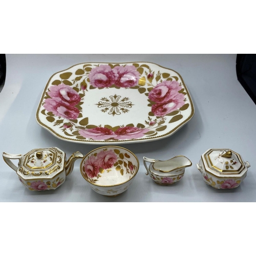 594 - An interesting miniature set of teapot, sugar box, bowl and creamer on a Ribbon & wreath shape plate... 