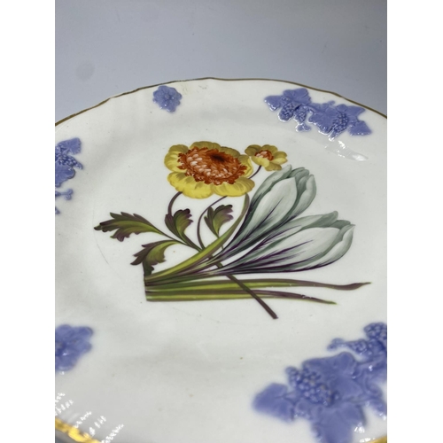 599 - Davenport plate with floral centre and raised blue grape outer design, some rub on gilt work