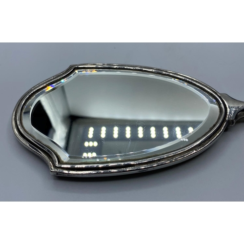 621 - Vintage Silver Art Deco hand held mirror, unusual shaped mirror with tapered handle and finial ..hal... 