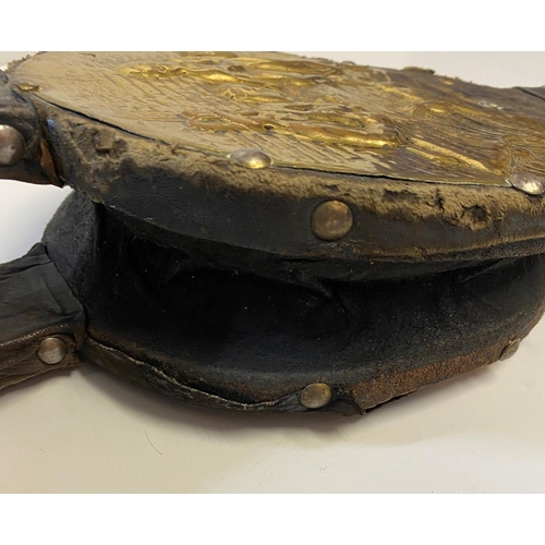 651 - Antique Brass sided leather Bellows, 48.5cm long approx leather parts well worn, brass plaque to sid... 