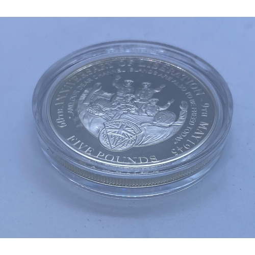 80 - Silver Proof One Ounce £5 Coin Minted 2005 to Celebrate the Liberation of Guernsey. In Original Unop... 