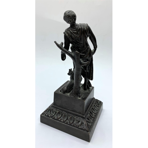 175 - Small bronze statue of a man and deer, 14cms tall and weighs 564g.