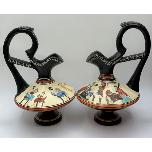 265 - Pair of hand painted Grecian Jugs based on Greek mythology, the capture of Troy and Parris's abducti... 