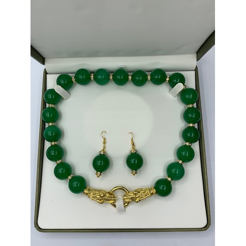 79 - A Jade Necklace and Earrings Set with 18K Gold Filled Chinese Dragons Clasp in a Presentation Box, N... 