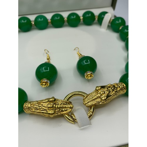 79 - A Jade Necklace and Earrings Set with 18K Gold Filled Chinese Dragons Clasp in a Presentation Box, N... 