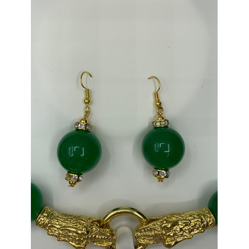 79 - A Jade Necklace and Earrings Set with 18K Gold Filled Chinese Dragons Clasp in a Presentation Box, N... 