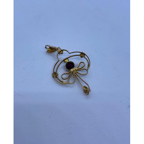 406 - Edwardian 9ct gold Pendant with Garnet and seed Pearls, weight 1.8g and 35mm long