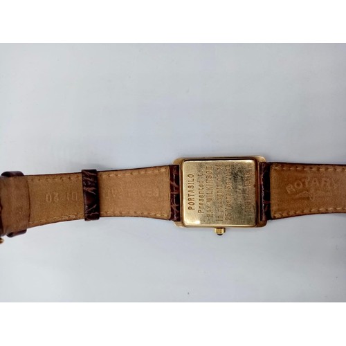 24 - Rotary 9ct Gold Tank Style Watch with Original Leather Strap. Engraved on Back (1976)