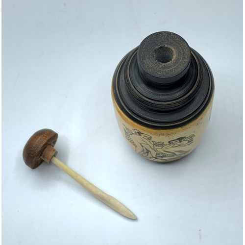 97 - A Chinese bone and ebonised wood snuff bottle with three erotic engravings