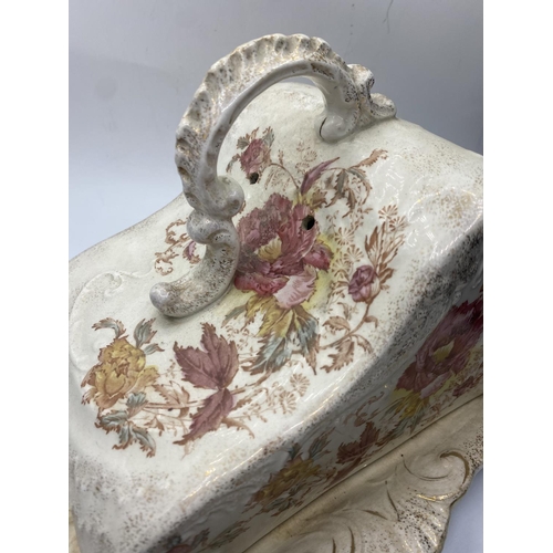 590 - cheese dish with floral decoration and gilded base, possibly H&R Daniel.