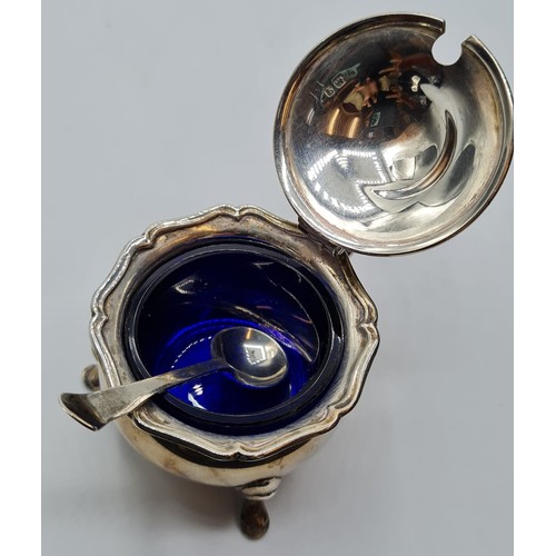 104 - Antique Silver Salt with Blue Glass Liner and Spoon. Clear Hallmark showing Henry Matthews Birmingha... 