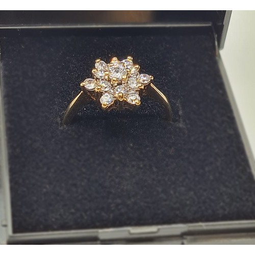 137 - 9ct Gold Stone Set Ring Having A Cluster Setting of Sparkling Clear Stones. Full UK Hallmark, Size M... 