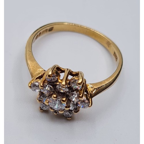 137 - 9ct Gold Stone Set Ring Having A Cluster Setting of Sparkling Clear Stones. Full UK Hallmark, Size M... 