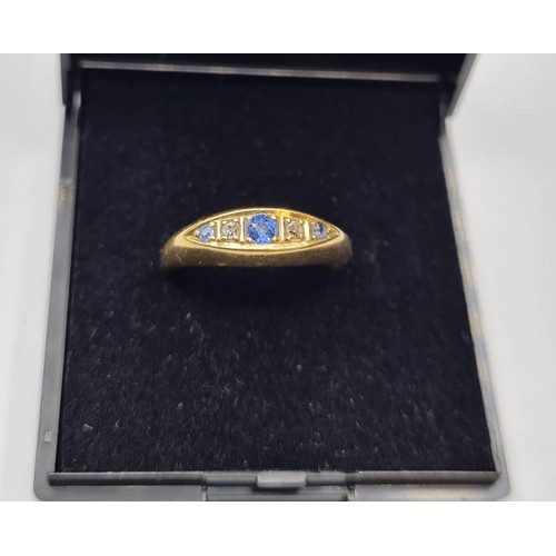 169 - 18ct Gold Sapphire and Diamond Stone Set Ring. Dainty Boat Shape Setting, Size O, 1.9 Grams.