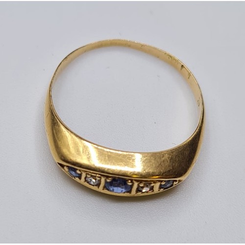 169 - 18ct Gold Sapphire and Diamond Stone Set Ring. Dainty Boat Shape Setting, Size O, 1.9 Grams.