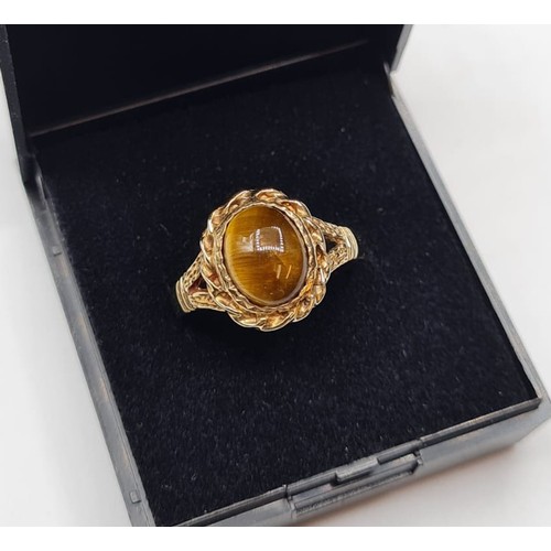 177 - 9ct Gold  Ring Having an Oval Tigers Eye Cabochon to Top of Mount. Full UK Hallmark, Size O/P, 3.9 G... 