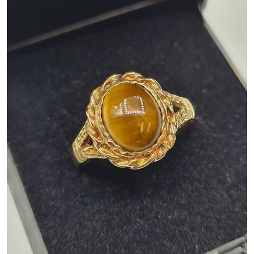 177 - 9ct Gold  Ring Having an Oval Tigers Eye Cabochon to Top of Mount. Full UK Hallmark, Size O/P, 3.9 G... 