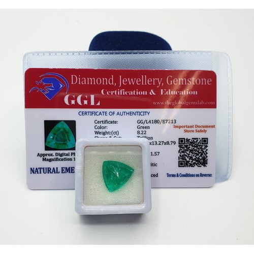 183 - Large Emerald Stone. Cut and Polished into a Trillion Shape. 8.2 Carats. Complete with a Certificate... 