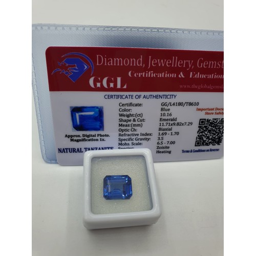 187 - Blue Tanzanite Gemstone Cut and Polished. Over 10 carats and having an Emerald Cut. With Certificate... 