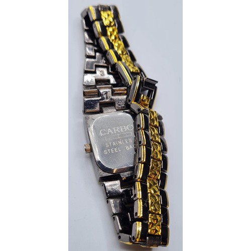 203 - Carbo Square Faced Wristwatch. Metal Strap in Gunmetal and Gilt. Battery Operated. Full Working Orde... 