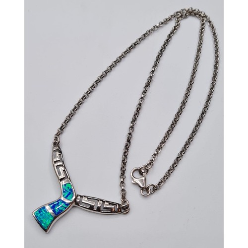 210 - Silver belcher Chain and Pendant, The  Pendant Having Silver Key Design and Blue/Green ‘Opals’. Chai... 