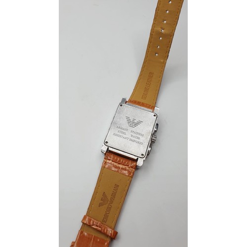 224 - Emporio Armani Wristwatch. Square Face. Leather Strap, Perfect Working Order, Possibly Facsimile (Co... 