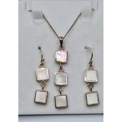 250 - Silver Necklace and Earring Set. Presentation Box. Necklace having three mother of pearl square drop... 