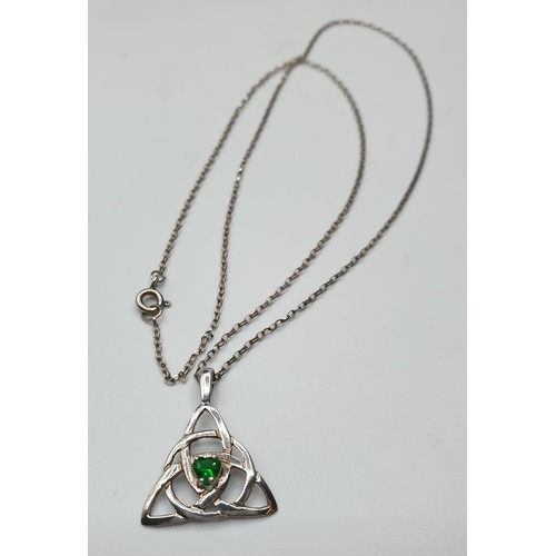 256 - Celtic Silver Pendant and Chain. Dainty Triangular Shape. Irish silver with marking for F.N.M.of Dub... 