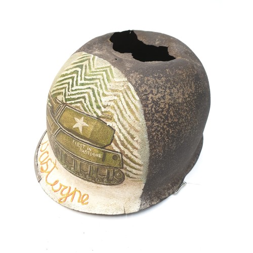 109 - WW2 US M1 Helmet that was found in the Ardennes Forest. A post war memorial painting to “Bastogne”