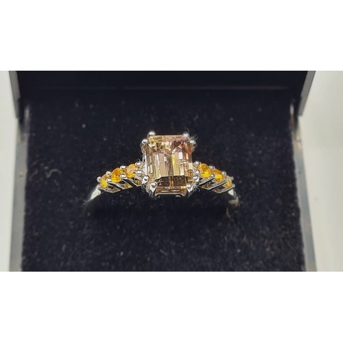 293 - Silver ring stone set with a pale apricot morganite to centre. Nice size rectangular stone with furt... 