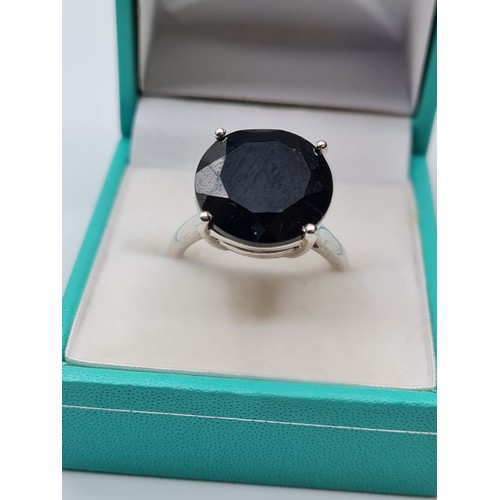 323 - Silver Stone Set Ring Having a Large Circular Black Spinel with Faceted Shape. Clear Marking, 925 Si... 