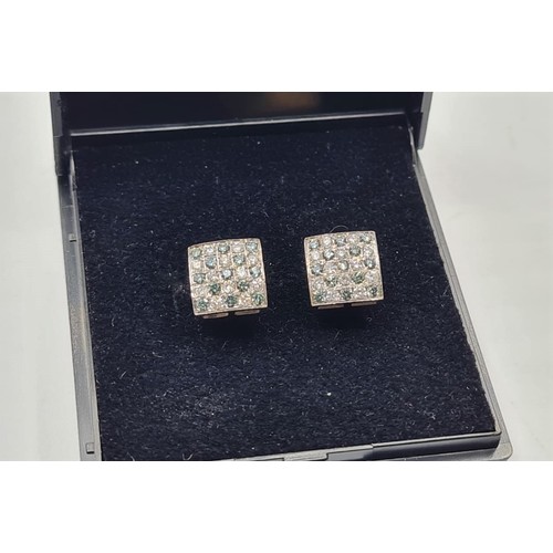 396 - 14CT WHITE GOLD GREEN AND WHITE DIAMOND STUDS SQUARE, WEIGHS 2.5G