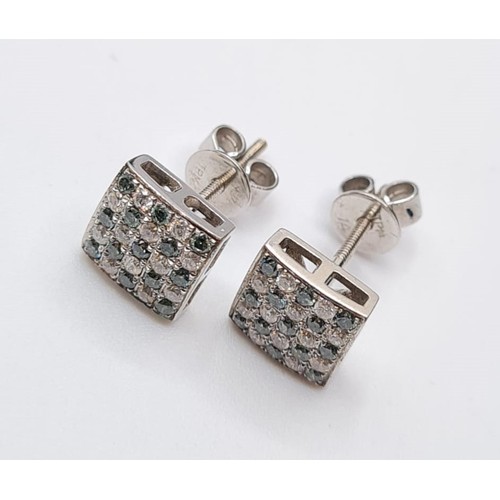 396 - 14CT WHITE GOLD GREEN AND WHITE DIAMOND STUDS SQUARE, WEIGHS 2.5G